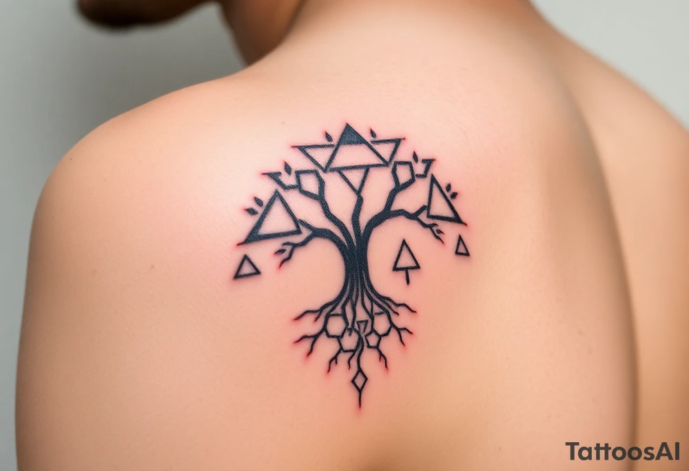 A geometric family tree with deep root interconnected triangles and hexagons, reflecting the strong foundation of ancestry tattoo idea