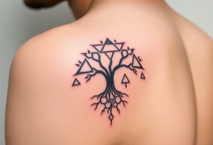 A geometric family tree with deep root interconnected triangles and hexagons, reflecting the strong foundation of ancestry tattoo idea