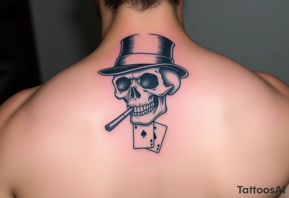 skull with top-hat,cigar in his mouth and playing cards. tattoo idea