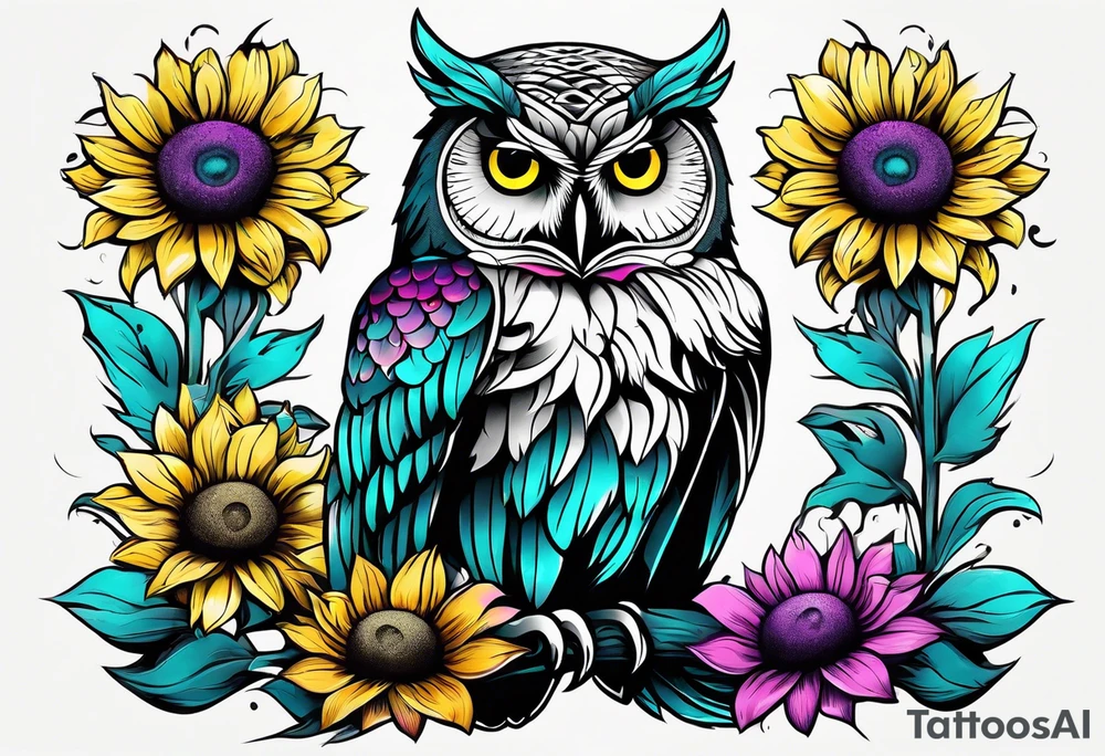 Black and white owl shaded teal, pink and purple surrounded by yellow sunflowers sleeve tattoo idea