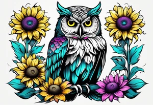 Black and white owl shaded teal, pink and purple surrounded by yellow sunflowers sleeve tattoo idea