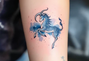 A shimmering silver Capricorn constellation with a soft navy watercolor background captures the zodiac’s grounded mystery. tattoo idea