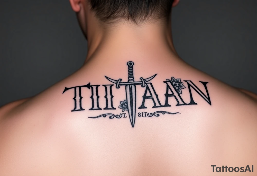 Name ‘Titan’ with birthday, Greek mythology inspired font with mini swords the T in Titan is a sword with cherry blossoms tattoo idea