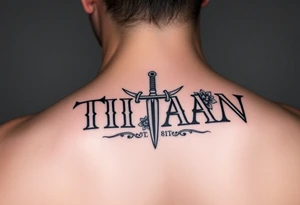 Name ‘Titan’ with birthday, Greek mythology inspired font with mini swords the T in Titan is a sword with cherry blossoms tattoo idea