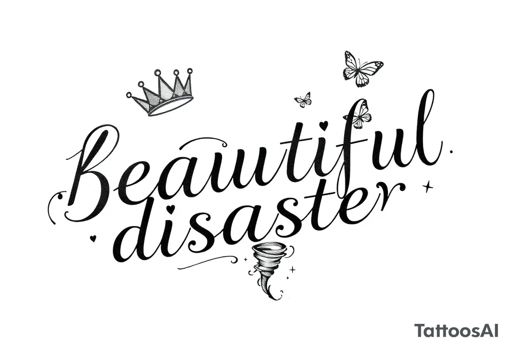 beautiful disaster with a 5 point crown hearts butterflys and a tornado with wind tattoo idea