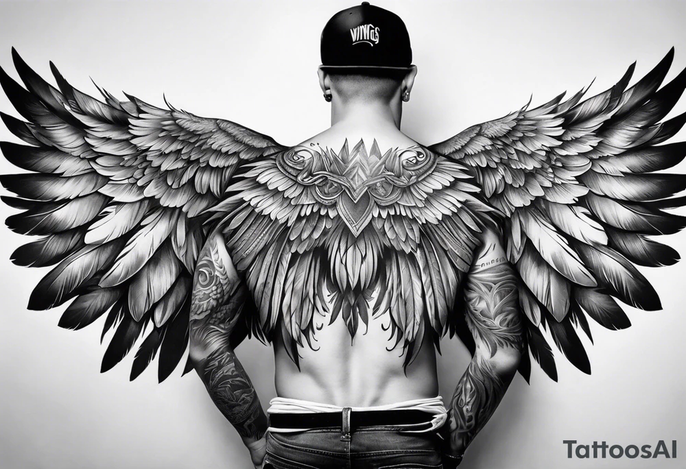 wings tattoo extending from a mens shoulders, covering the upper arms and upper back. The feathers are intricately detailed, with soft shading in black and gray to create depth and texture. tattoo idea