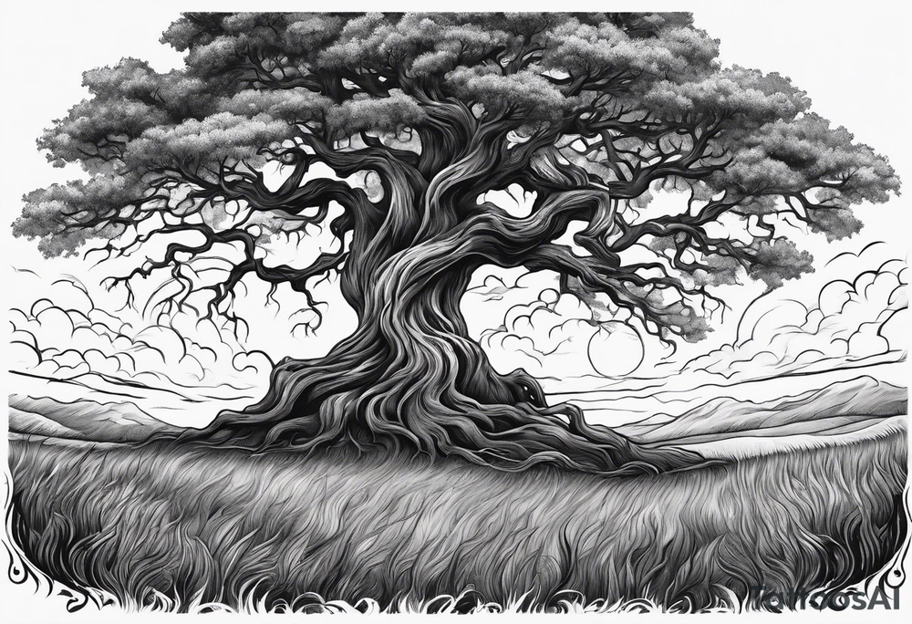 enormous old tree standing in the middle of a field engulfed in flames of fire tattoo idea