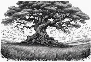 enormous old tree standing in the middle of a field engulfed in flames of fire tattoo idea