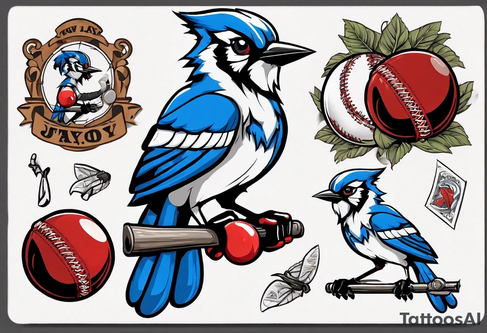 bluejay wearing boxing gloves and holding a cricket ball tattoo idea
