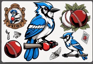 bluejay wearing boxing gloves and holding a cricket ball tattoo idea