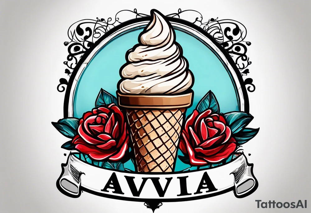 chocolate chip ice cream cone with the name Ava on the cone and one red heart tattoo idea