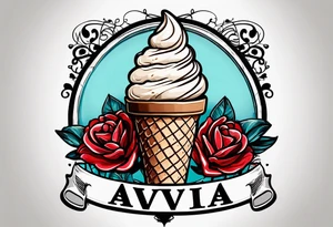 chocolate chip ice cream cone with the name Ava on the cone and one red heart tattoo idea