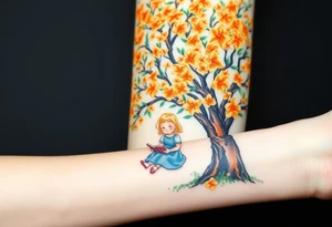 An orange tree full of flowers. Under the tree, a little blond girl wearing a blue dress sitting while reading. 


. tattoo idea