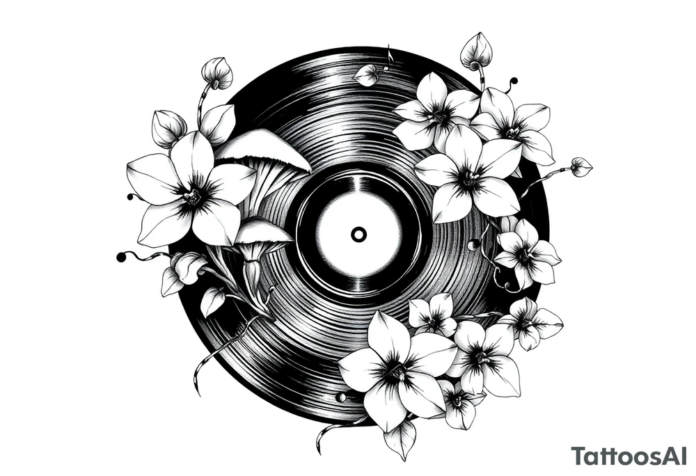 one black and white vinyl record with mushrooms, orchids, and music notes around it tattoo idea