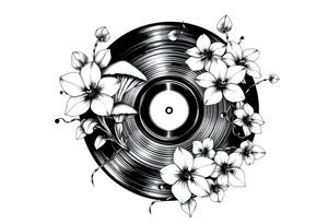 one black and white vinyl record with mushrooms, orchids, and music notes around it tattoo idea