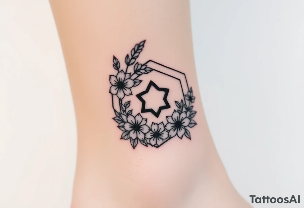 Hexagon Leo symbol larkspurs and water lilies tattoo idea
