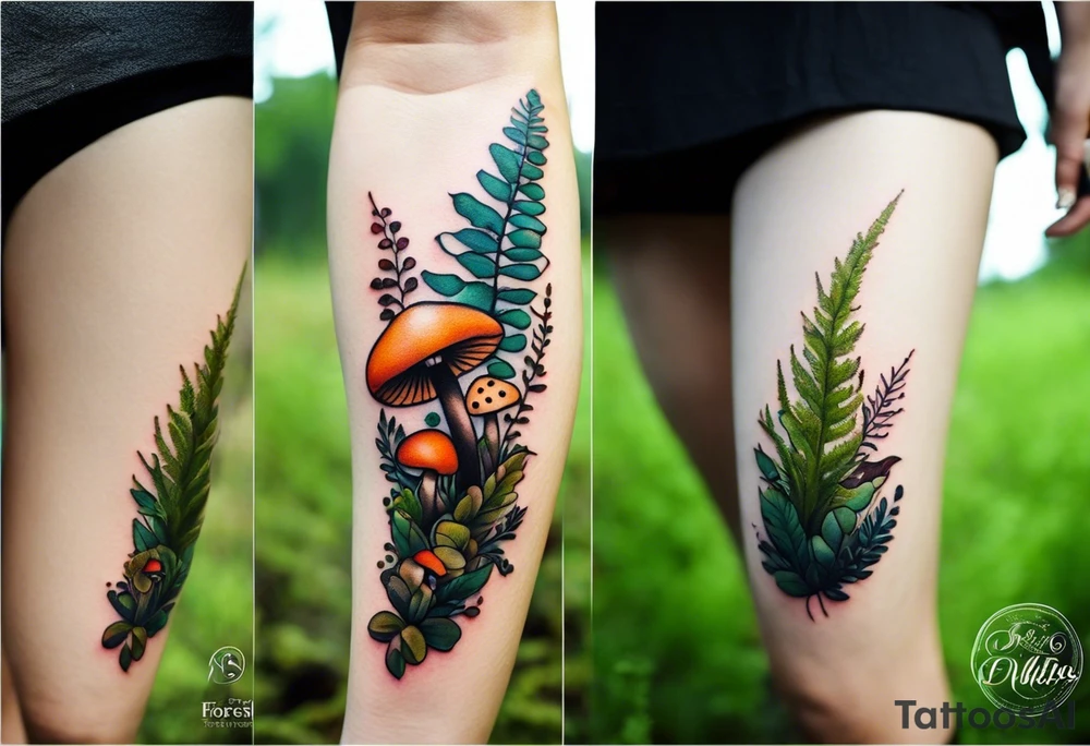 minimalistic forest floor inspired tattoo, which includes grass, moss, curly ferns and dead leaves as the bulk of the tattoo. details to include: forest berries, couple of very small brown mushrooms, a tiny bumblebee flying nearby tattoo idea
