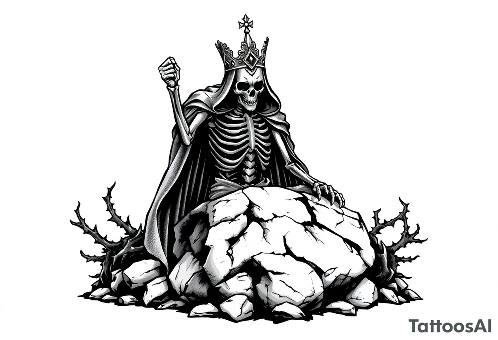 A crowned skeletal warrior rising from a stone barrow, cloaked in shadows and thorns. tattoo idea