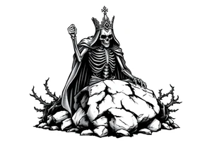 A crowned skeletal warrior rising from a stone barrow, cloaked in shadows and thorns. tattoo idea
