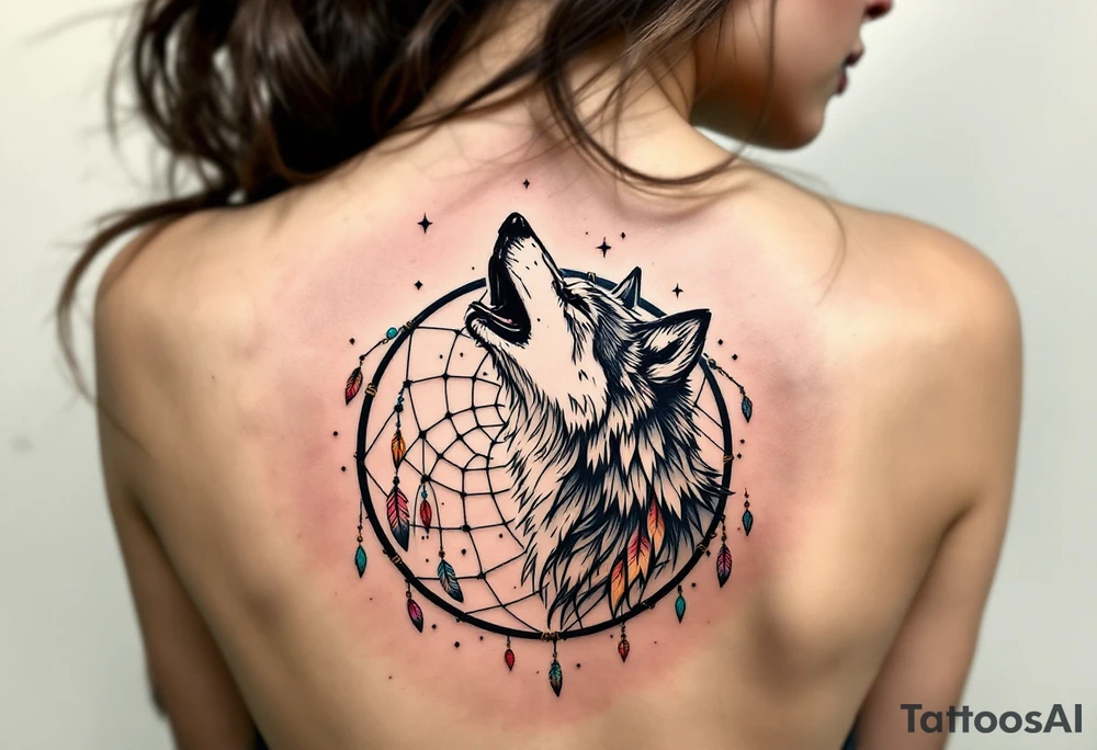 A majestic wolf howling in front of a dreamcatcher. The wolf is surrounded by dangling feathers and colorful beads that represent protection and guidance. A mix of earthy browns, dark greys for the wolf, and vibrant colors like deep red, turquoise, and gold for the feathers and beads. tattoo idea