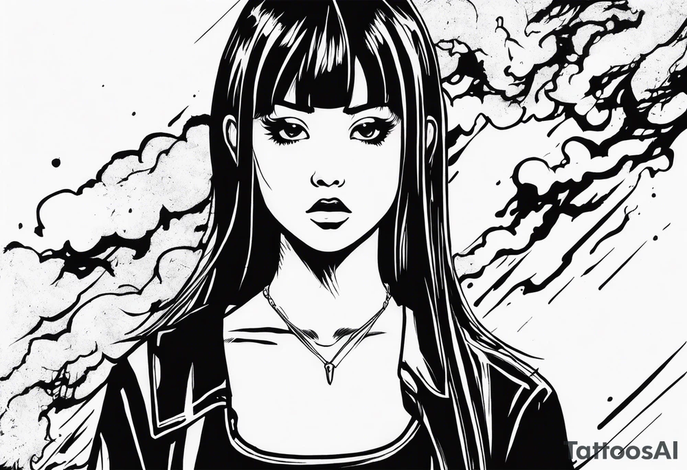 portrait of tomie standing up a character by the horror manga author junji ito full body standing murderously. add more horror and gore elements tattoo idea