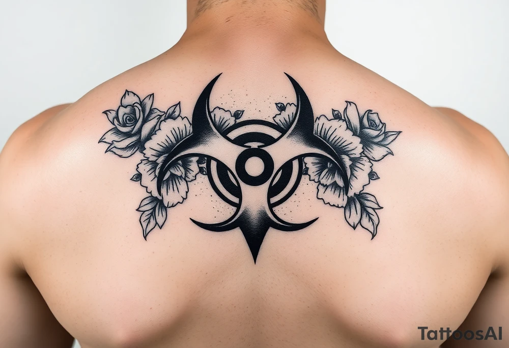 floral biohazard symbol in old school style black ink tattoo idea