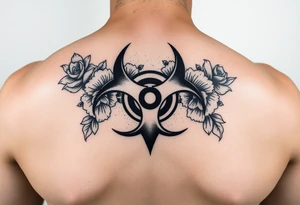floral biohazard symbol in old school style black ink tattoo idea