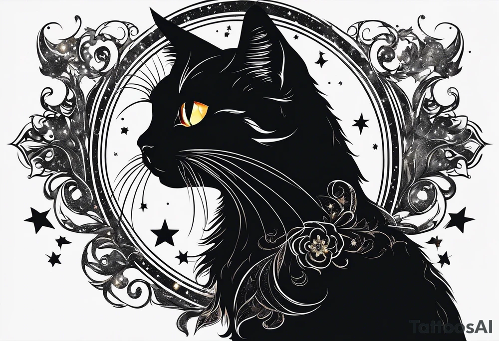 Photo realistic black cat head with moon and stars tattoo idea