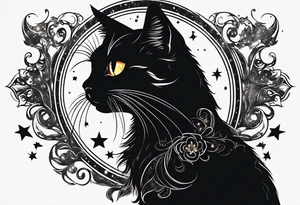 Photo realistic black cat head with moon and stars tattoo idea