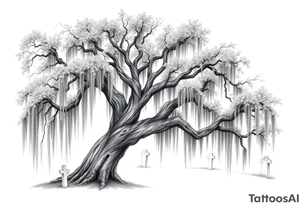 Laurel oak covered in Spanish moss in a cemetery tattoo idea