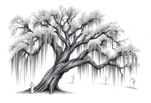 Laurel oak covered in Spanish moss in a cemetery tattoo idea