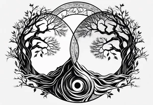 Yin and yang symbol formed by interconnected tree roots tattoo idea