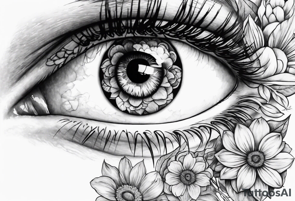 Hearts and flowers with an eye with two girls inside the pupil tattoo idea