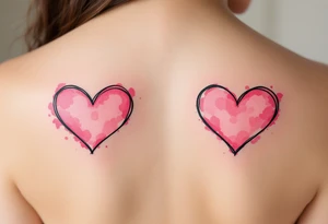 Heart outlines in black ink filled with soft pink watercolor splashes on opposite shoulders. tattoo idea