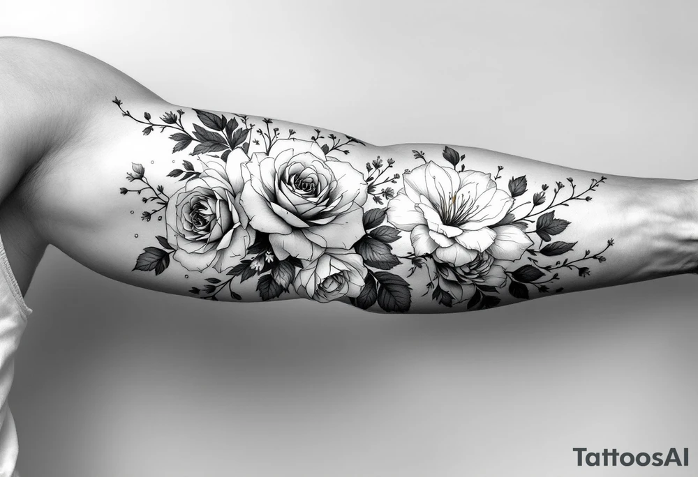vintage bouquet of wild roses and meadow flowers with morning dew tattoo idea