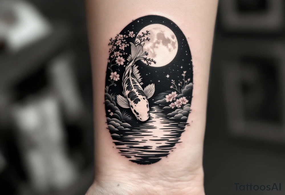 vertical piece
a koi fish swimming UP the stream in a pond moonlight by the full moon with a sakura tree by the pond tattoo idea