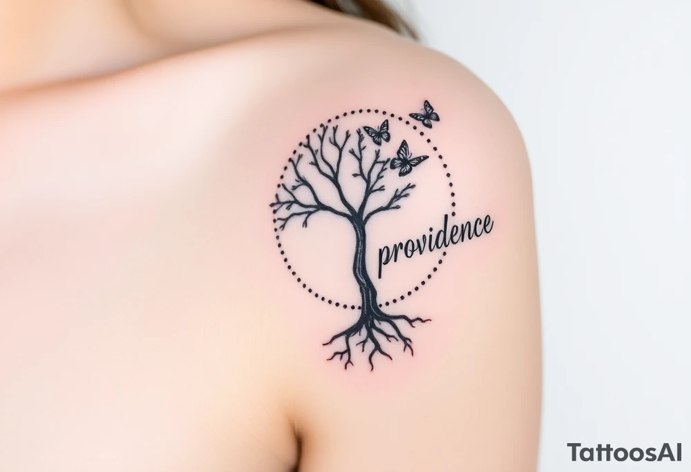 a tree of life that has small roots but its roots lead into a dotted circle with three butterflies coming out of the top right of the circle and the word “providence” is written in fancy letters on the outside of circle but curving around the circle on the left side tattoo idea