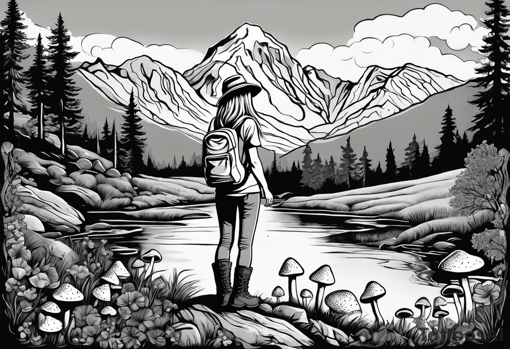 Whole picture within a circle Straight long blonde hair hippie girl in distance holding mushrooms in hand facing away toward mountains and creek surrounded by mushrooms tee shirt hiking pants hiking boots tattoo idea