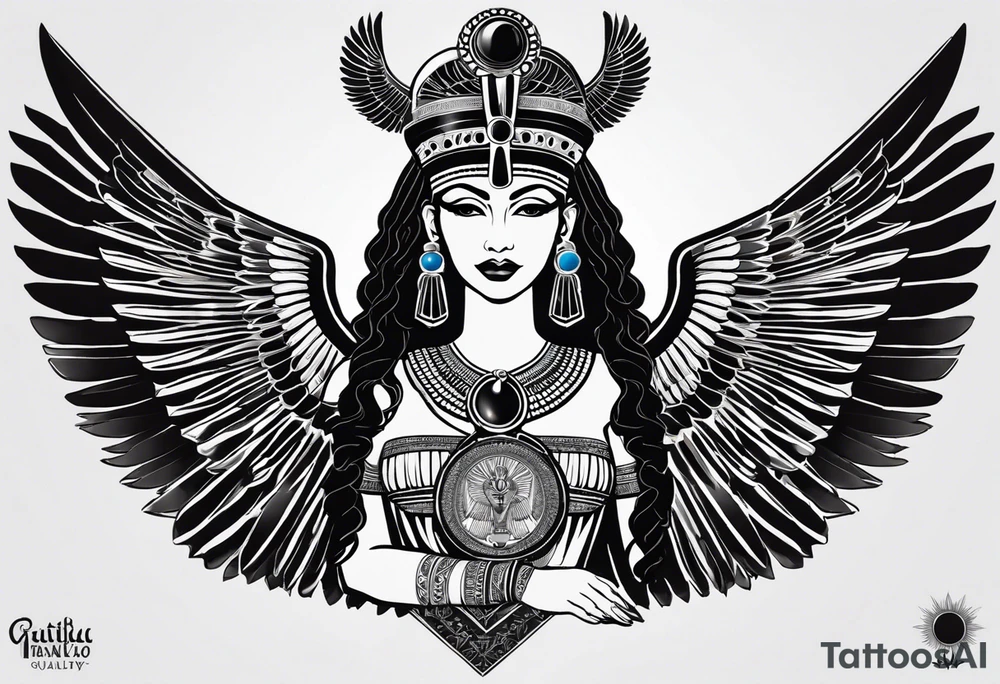 black and white Egyptian goddess Isis, who is often depicted as a woman with outstretched wings, holding an ankh (a symbol of life) in one hand and a lotus flower in the other. Her headdress often includes a throne or a solar disk. The tattoo design can vary in style and size, but it typically aims to capture the essence of this revered Egyptian deity, emphasizing her beauty, power, and maternal qualities. The choice of colors and additional elements can also be customized to create a unique and visually striking representation of the goddess Isis tattoo idea