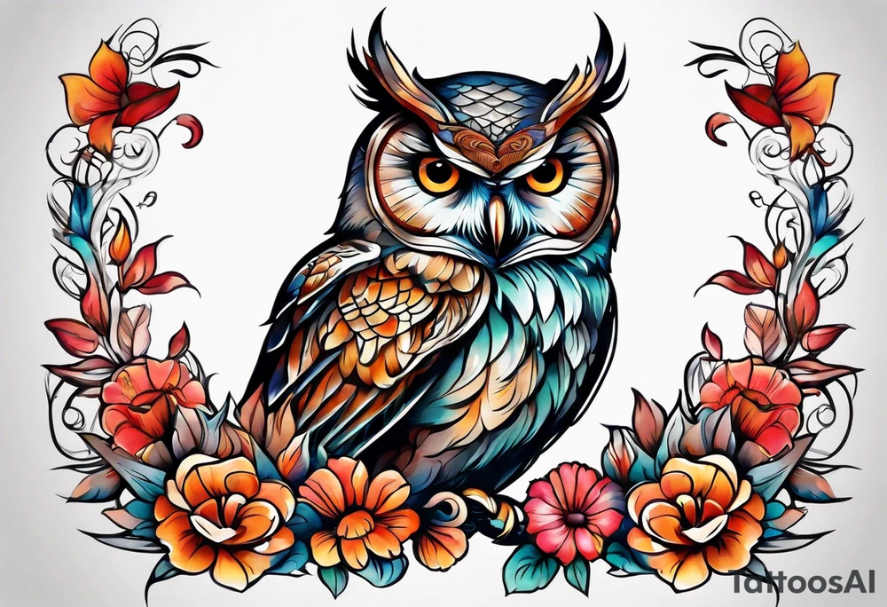 Owl and flowers full arm sleeve tattoo idea
