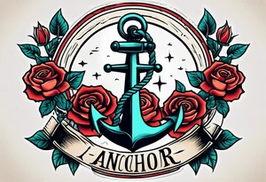 old school anchor sitting at an angle 
with rope 
and banner across anchor and old school roses tattoo idea