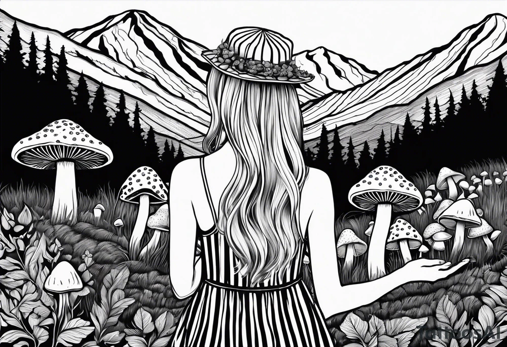 Straight long blonde hair hippie girl in distance holding mushrooms in hand facing away toward mountains and creek surrounded by mushrooms black and white striped dress tattoo idea