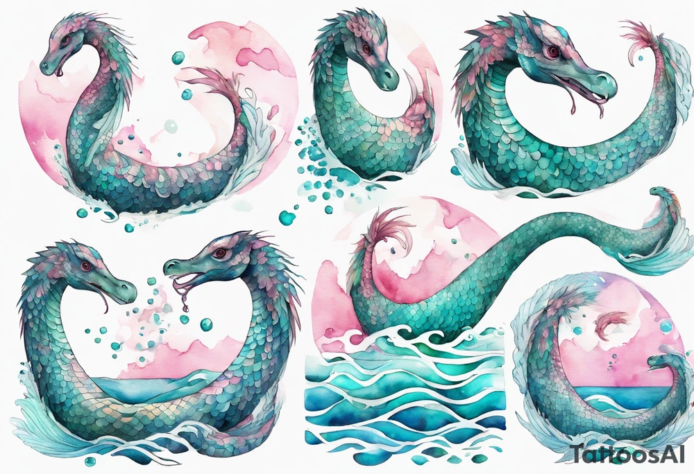 a beautiful feathered Nessie with turquoise and pink scales emerging from the waves tattoo idea