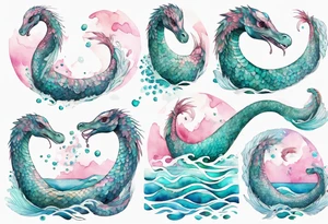 a beautiful feathered Nessie with turquoise and pink scales emerging from the waves tattoo idea
