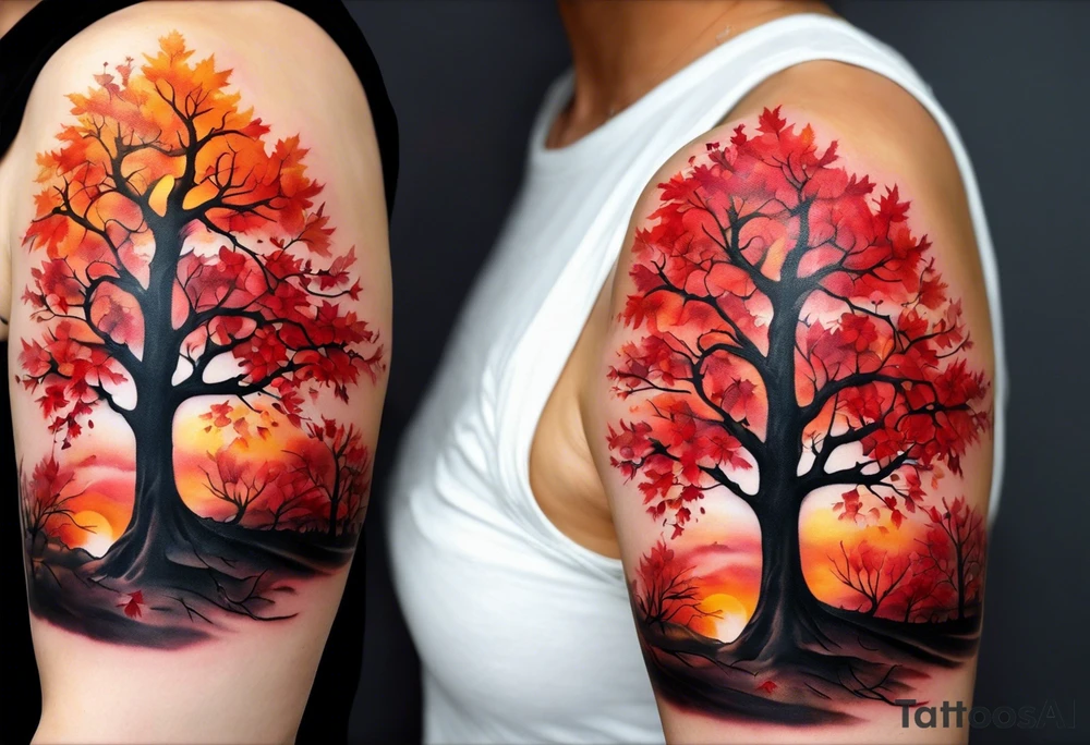 Arm tattoo. Long tattoo. Full sleeve. Shoulder. A single large maple tree with red autumn leaves that branches upwards from wrist to shoulder. White-throated dipper bird on the trees branches. Calluna flowers at the base of the trees stem. Tree stem has dark colors. Red/yellow sunset behind the trees stem. Leaves falling. tattoo idea