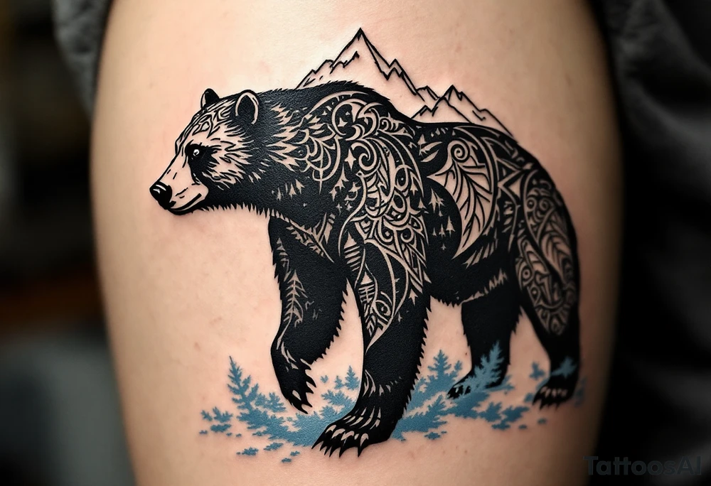 A powerful, majestic bear tattoo with a deep black and brown color palette. The bear is depicted in a standing position, symbolizing strength and protection, with intricate tribal patterns subtly etched along its body, representing its spiritual connection to the earth. TAround the bear, mountain peaks and pine trees form a natural, serene backdrop, while delicate blue mist rises from the ground, tattoo idea