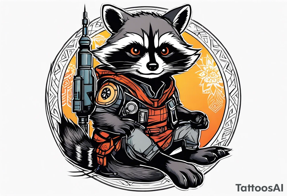 Rocket raccoon sitting with a small black cat tattoo idea