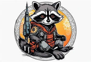 Rocket raccoon sitting with a small black cat tattoo idea