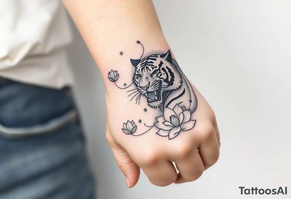 fierce tiger emerging through blooming lotus flowers in mist tattoo idea