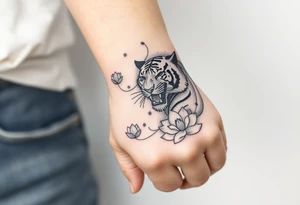 fierce tiger emerging through blooming lotus flowers in mist tattoo idea